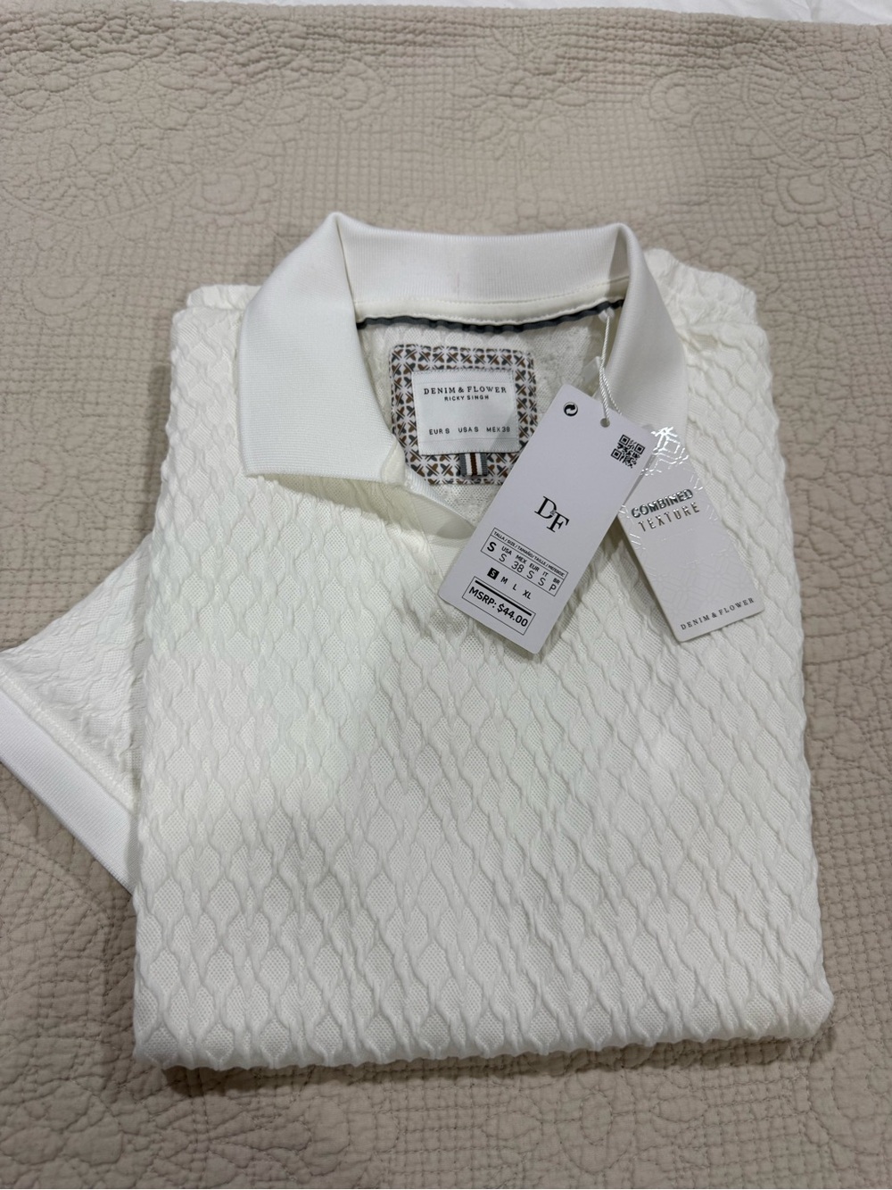Denim & Flower Cream-White Textured Polo Shirt